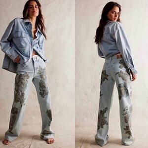 Light Wash Floral Print Denim Jeans and Shirt Set